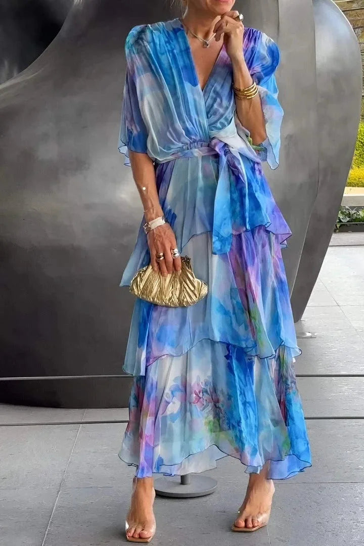 Women's Chiffon Dress | Maxi Length V-Neck Wrap Tiered Ruffles