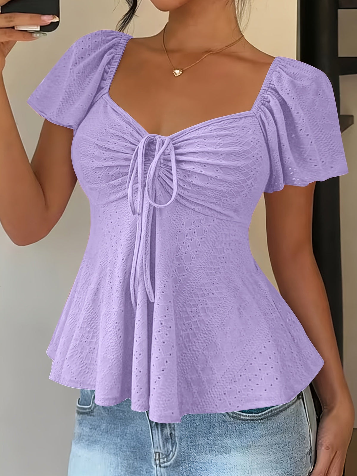Women's Peplum Top | Sweetheart Neckline Flutter Sleeve Tie Closure