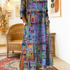Women's Denim Dress | Midi Length Round Neckline Patchwork Print