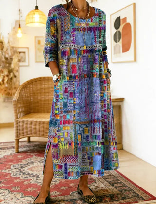 Women's Denim Dress | Maxi Length Patchwork Print Relaxed Fit