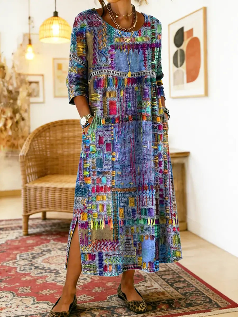 Women's Denim Dress | Midi Length Round Neckline Patchwork Print