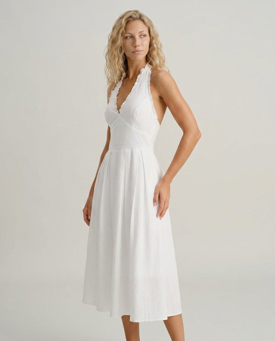 Women's White Midi Sundress | Halter Neck V-Neckline Sleeveless