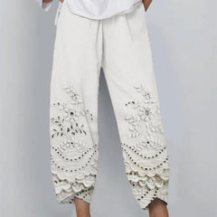 Women's Lace Pants | Floral Embroidered Cropped Relaxed Fit
