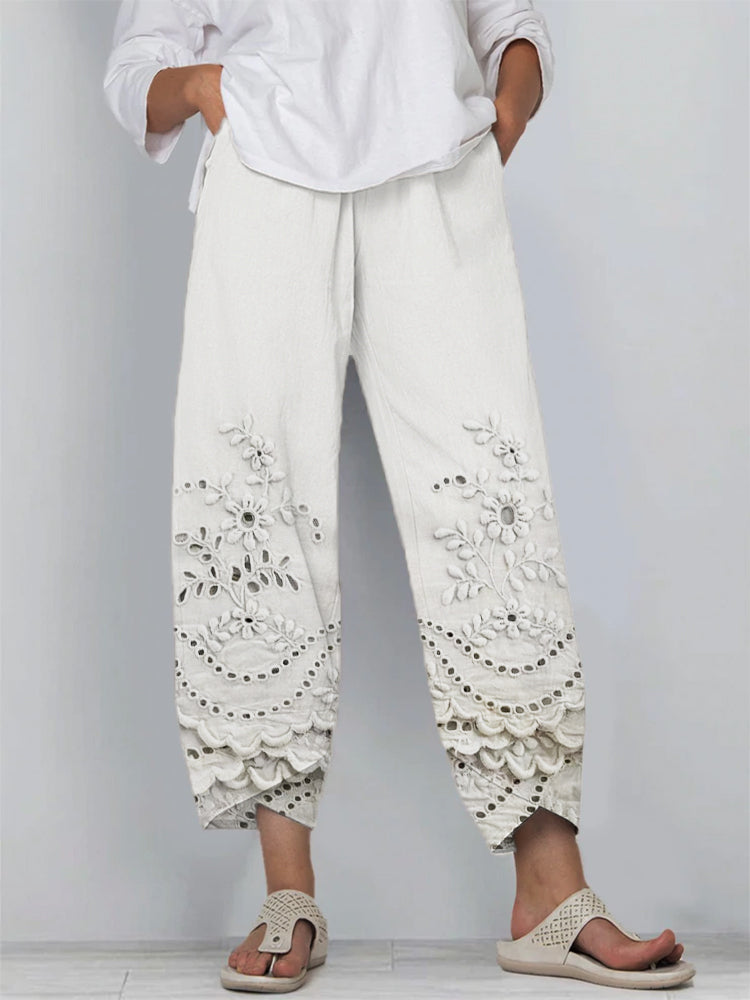 Women's Lace Pants | Floral Embroidered Cropped Relaxed Fit