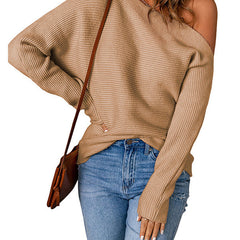 Women's Off The Shoulder Sweater | Ribbed Knit Long Sleeve Cold Shoulder