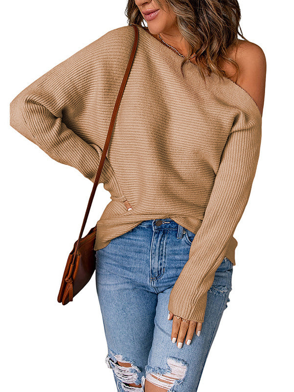 Women's Off The Shoulder Sweater | Ribbed Knit Long Sleeve Cold Shoulder