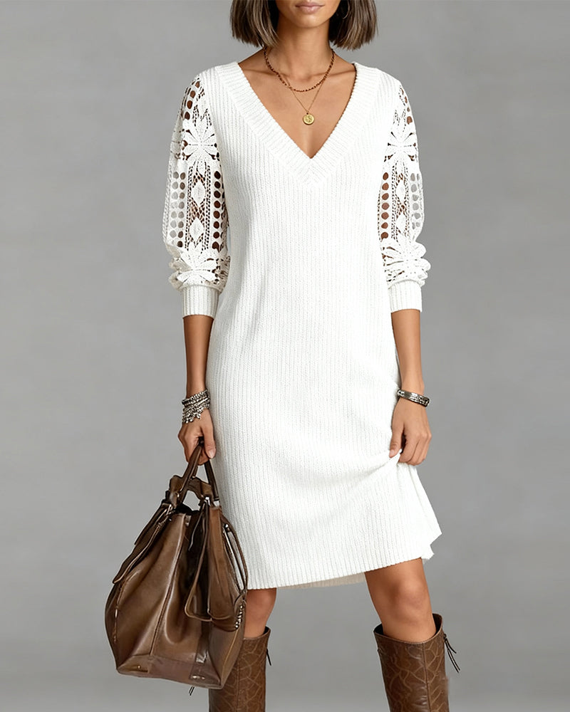 Women's Lace Dress | V-Neck Midi Knit Lace Sleeves