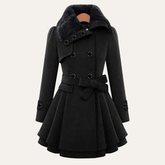 Women's Peacoat | Double-Breasted Fur Collar Belted
