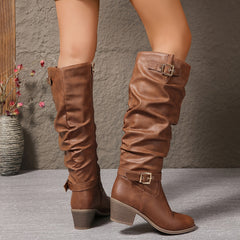 Women's Slouch Boots | Knee High Block Heel Buckle