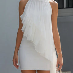 Women's Body Con Mini Dress | Halter Neck Asymmetrical Ruffle Chiffon