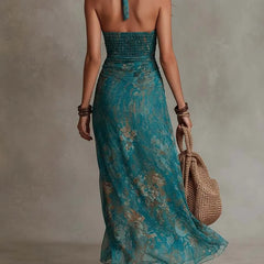 Women's Smocked Dress | Halter Neck Maxi High Slit Mesh
