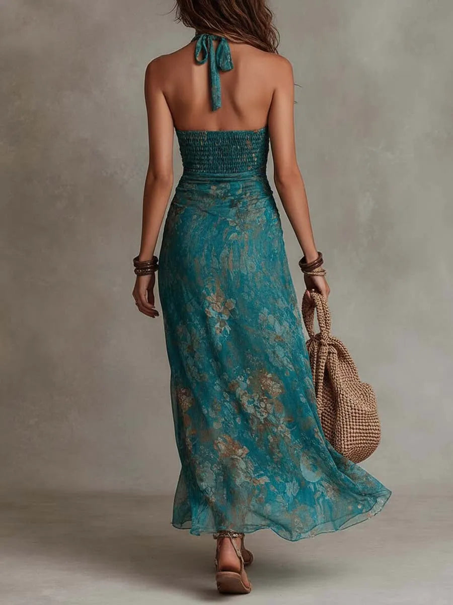 Women's Smocked Dress | Halter Neck Maxi High Slit Mesh