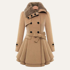 Women's Peacoat | Double-Breasted Fur Collar Belted