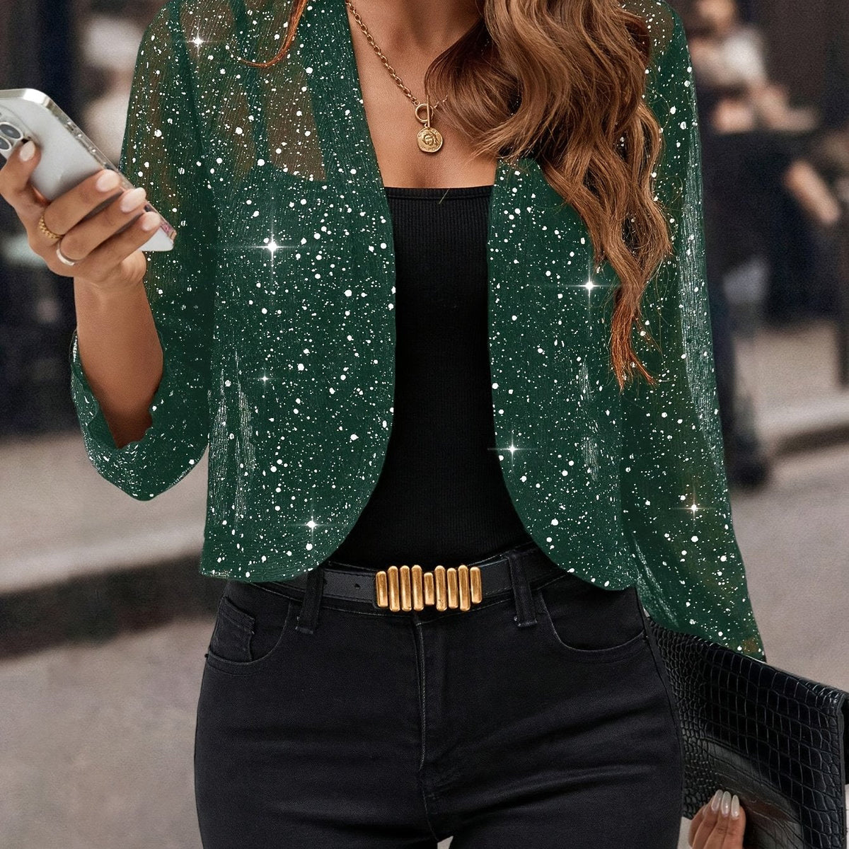 Women's Winter Jacket | Cropped Sequin Open Front Three Quarter Sleeve