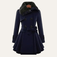 Women's Peacoat | Double-Breasted Fur Collar Belted