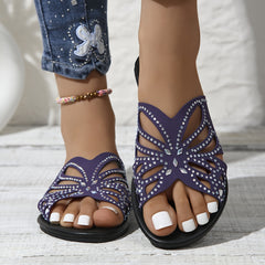 Women's Black Sandals | Butterfly Cutout Rhinestone Detail Slide Flat