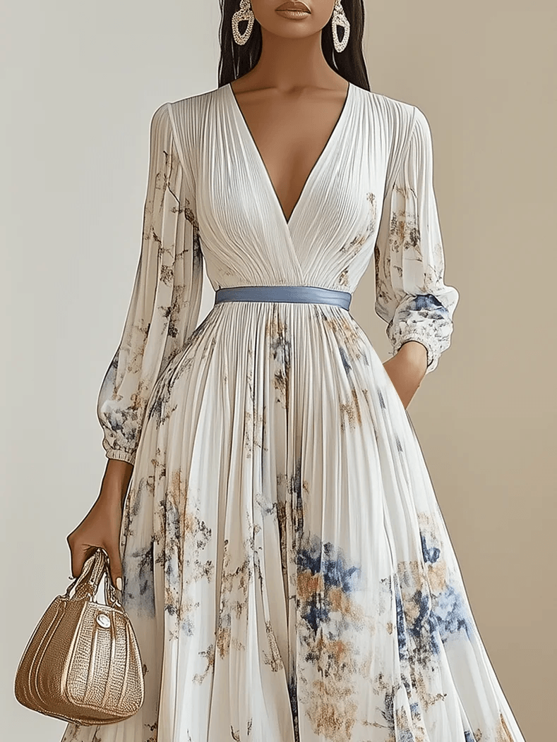 Women's White Dress | Maxi Floral V-Neck Balloon Sleeve
