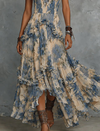 Women's Strapless Dress | Maxi Sweetheart Ruffled Pleated Chiffon
