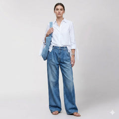 Women's Baggy Jeans | High Waist Wide Leg Denim Button Closure