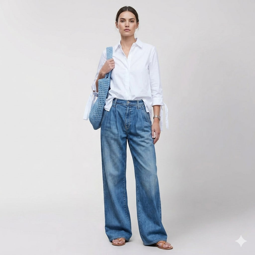 Women's Baggy Jeans | High Waist Wide Leg Denim Button Closure