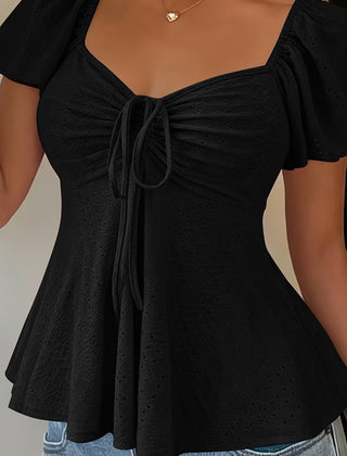 Women's Peplum Top | Sweetheart Neckline Flutter Sleeve Tie Closure