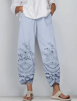 Women's Lace Pants | Floral Embroidered Cropped Relaxed Fit