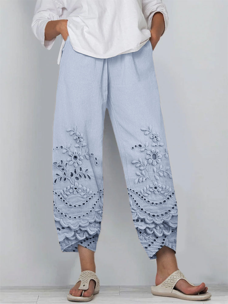 Women's Lace Pants | Floral Embroidered Cropped Relaxed Fit
