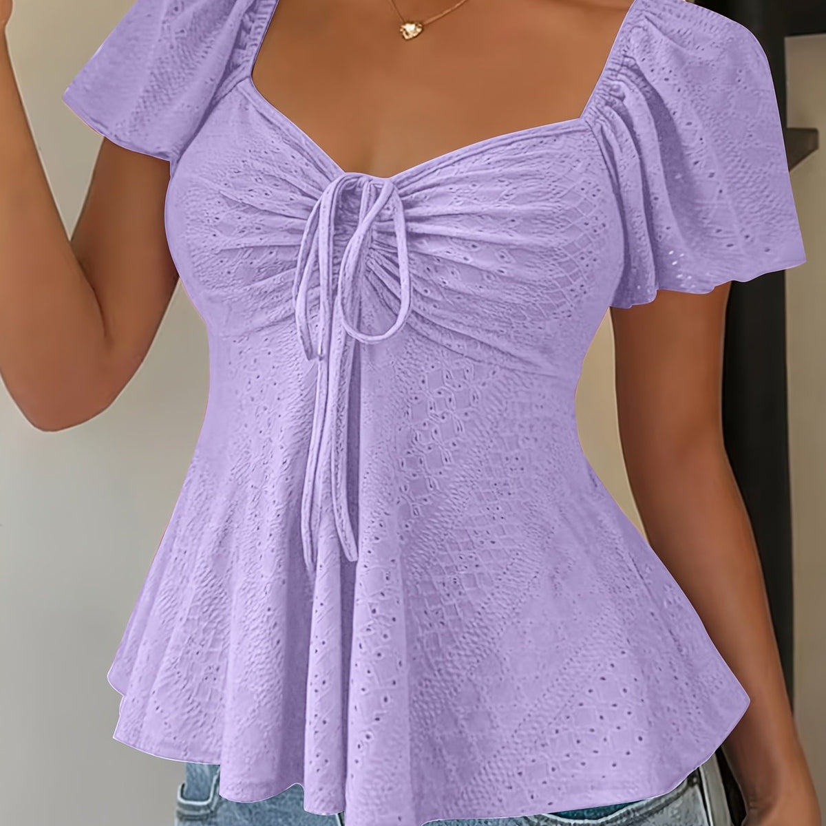 Women's Peplum Top | Sweetheart Neckline Flutter Sleeve Tie Closure