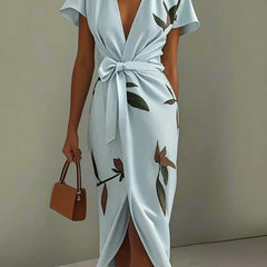 Women's Beach Dress | V Neckline Wrap Tie Botanical Print