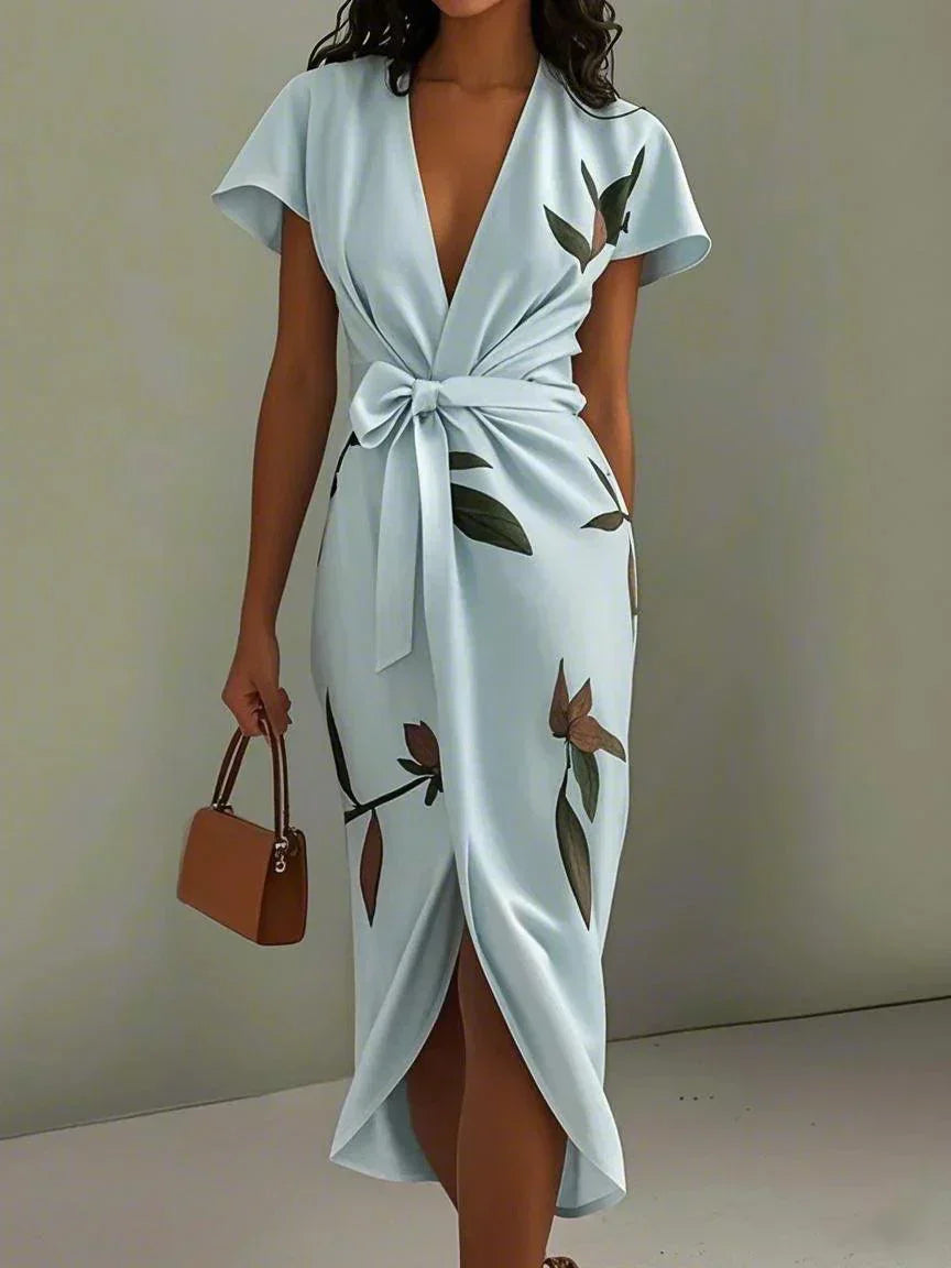 Women's Beach Dress | V Neckline Wrap Tie Botanical Print