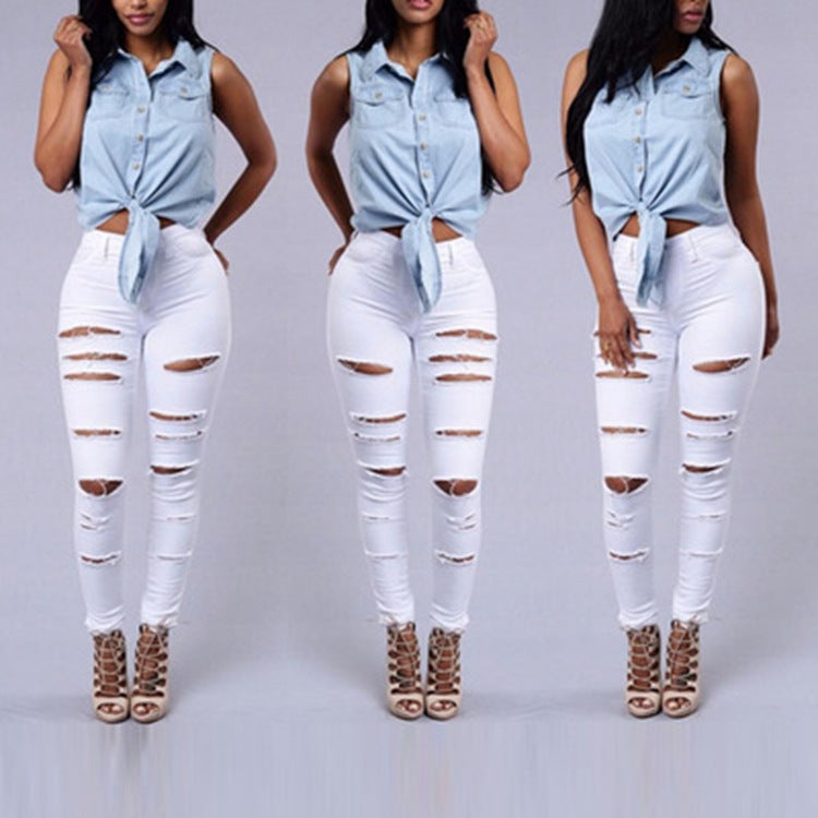 Women's high waist skinny jeans with a flattering pencil cut style, perfect for casual trendy fashion.