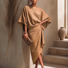 Women's Linen Midi Dress | Midi Asymmetric Draped Round Neck