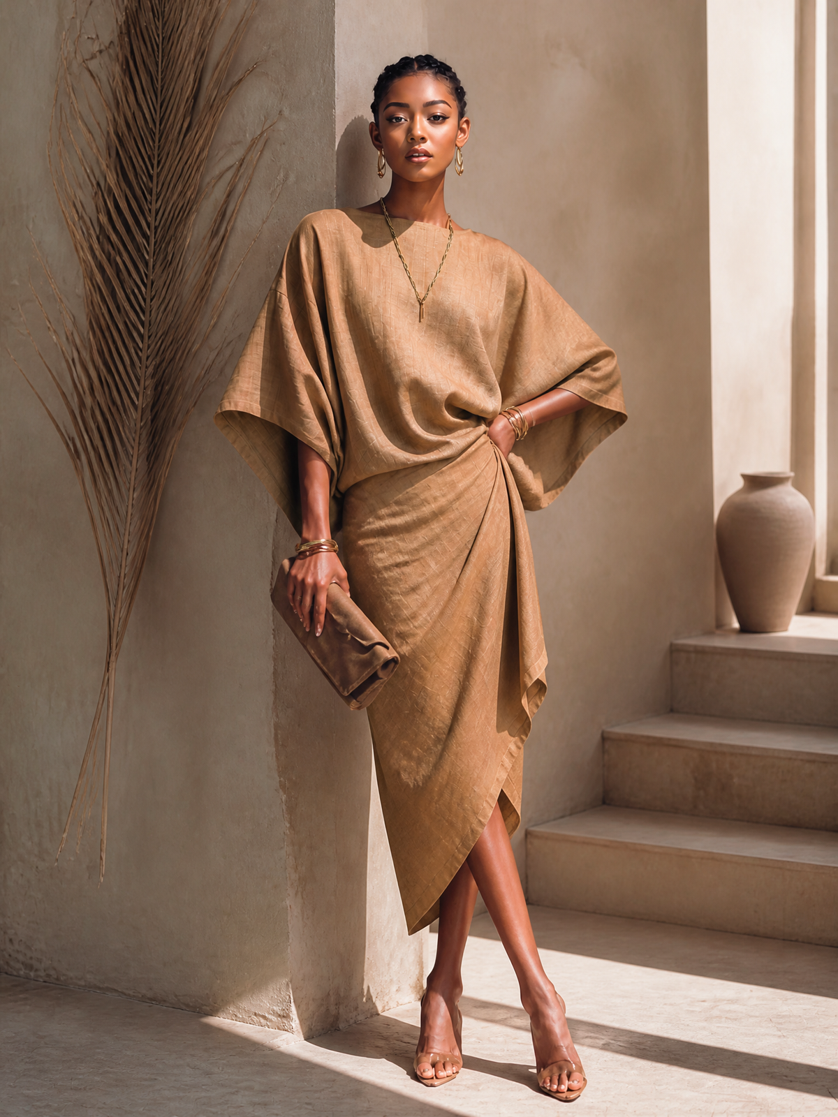 Women's Linen Midi Dress | Midi Asymmetric Draped Round Neck