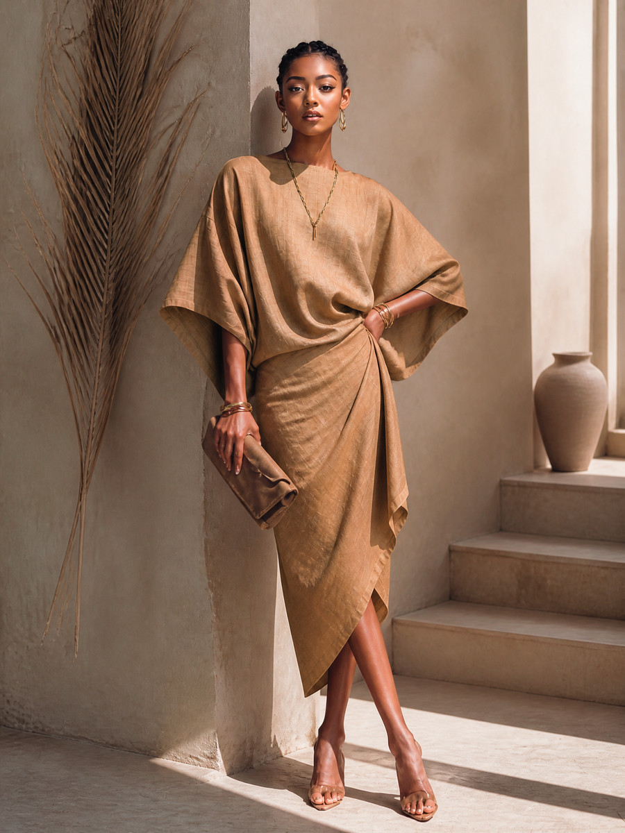 Women's Linen Midi Dress | Midi Asymmetric Draped Round Neck