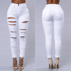 Casual women's high waist skinny jeans with distressed ripped denim and a fashionable pencil cut style.