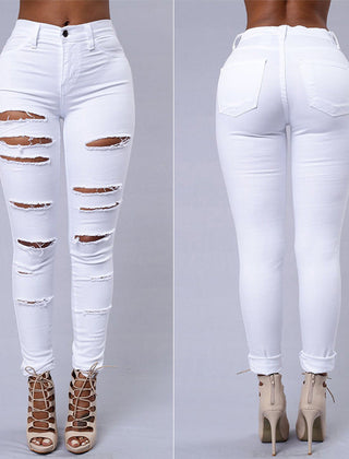 Casual women's high waist skinny jeans with distressed ripped denim and a fashionable pencil cut style.