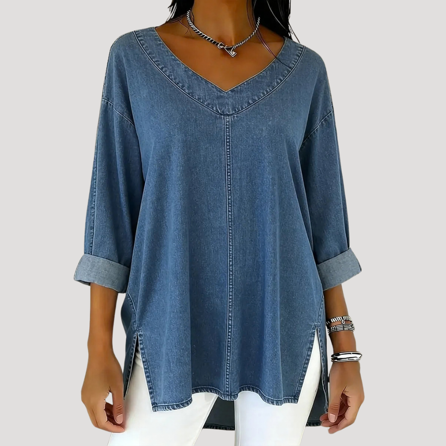 Women's Long Sleeve Top | V-Neck Relaxed Fit Denim Rolled Cuff