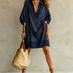 Women's Summer Dress | Midi Shirt Collar Puffed Sleeve Leopard Trim