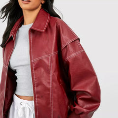 Women's Leather Bomber Coat | Oversized Zip Closure Longline Collar