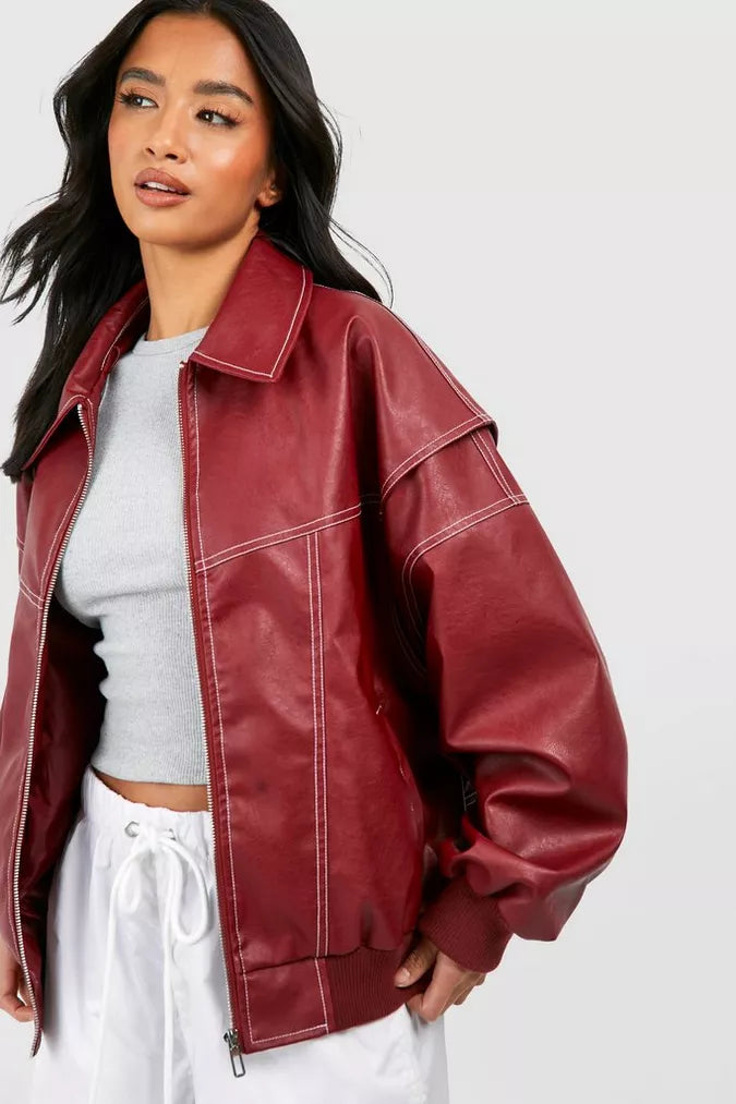 Women's Leather Bomber Coat | Oversized Zip Closure Longline Collar