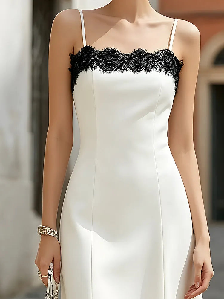 Women's Mother Of The Bride Dress | Midi Lace Trim Spaghetti Strap