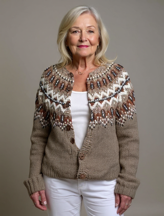 Women's Cardigan | Fair Isle Knit Crew Neck Button Closure