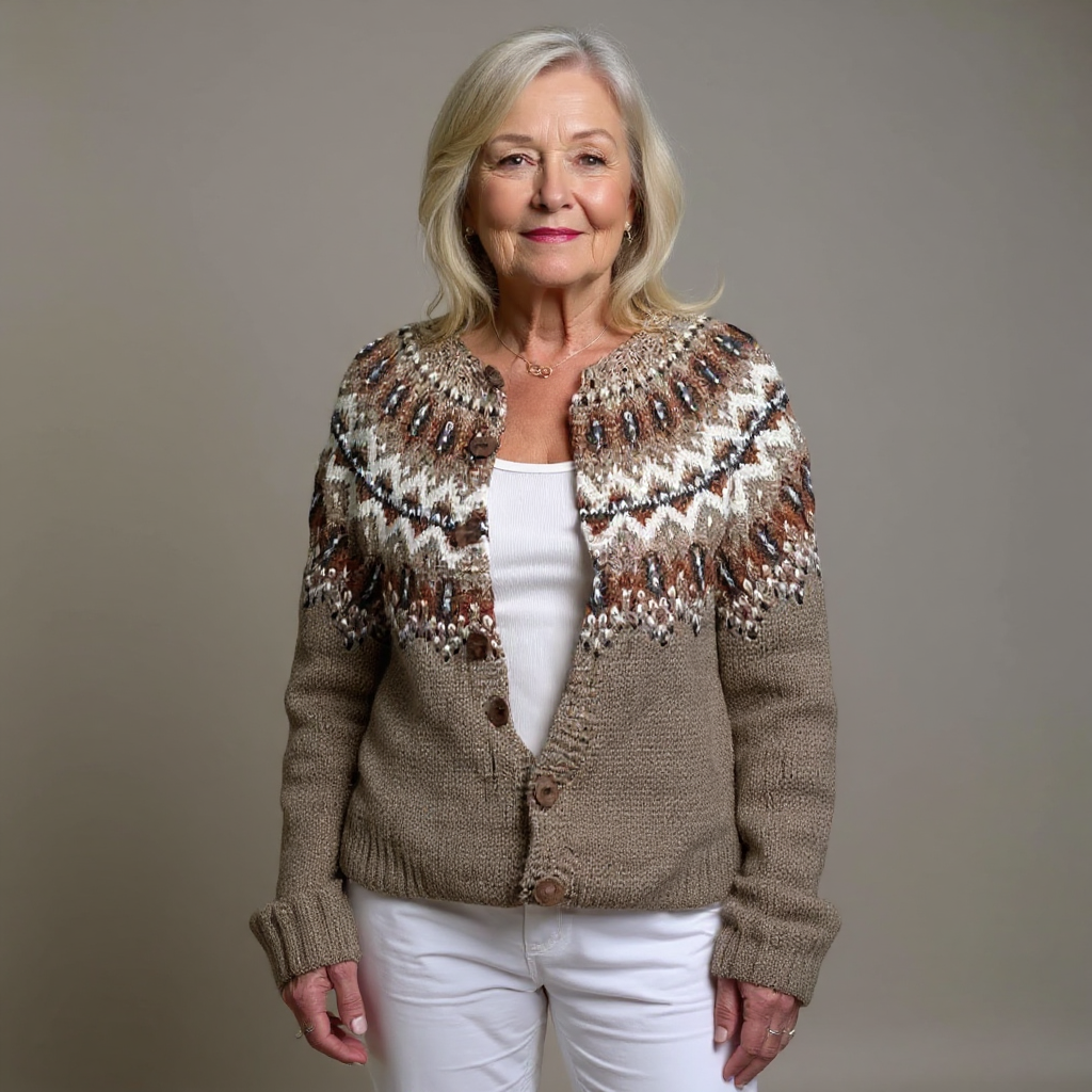 Women's Cardigan | Fair Isle Knit Crew Neck Button Closure