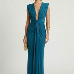Women's Formal Dress | Deep V-Neck Maxi Sleeveless Pleated