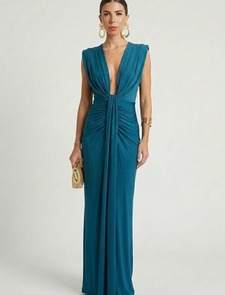 Women's Formal Dress | Deep V-Neck Maxi Sleeveless Pleated