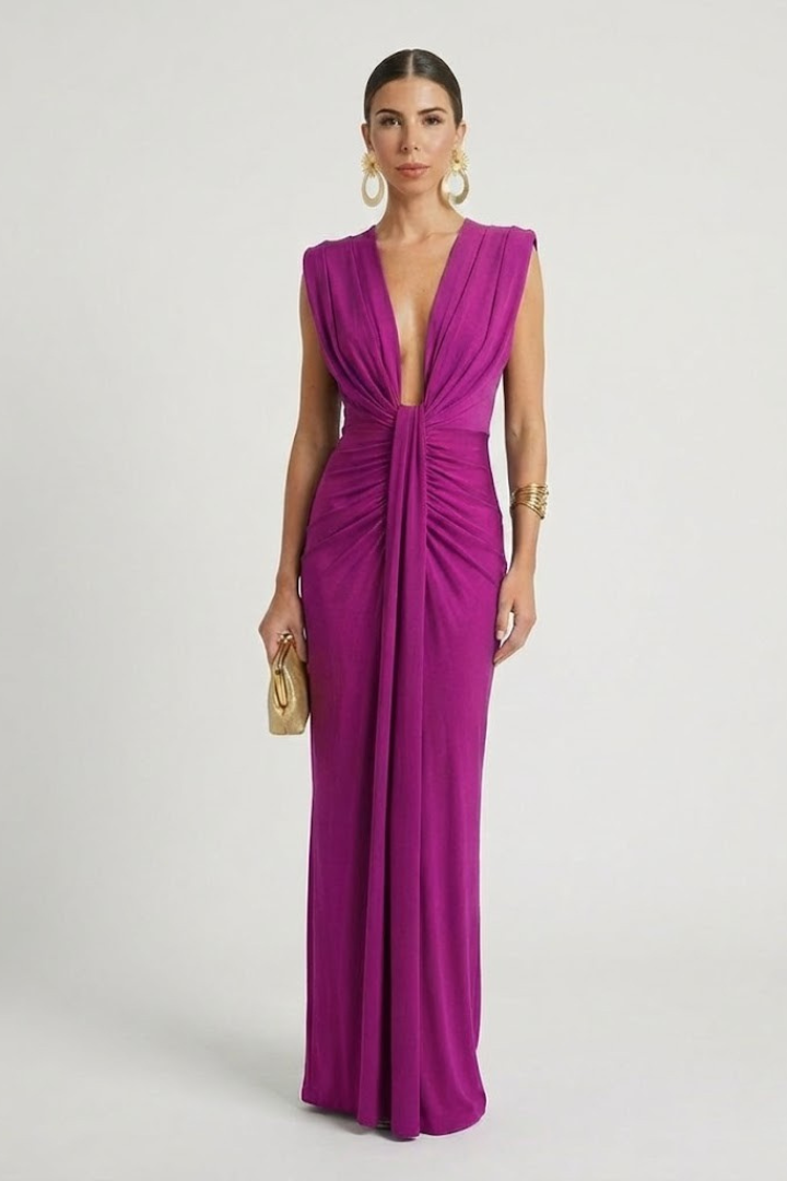 Women's Formal Dress | Deep V-Neck Maxi Sleeveless Pleated