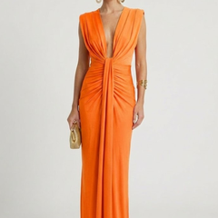 Women's Formal Dress | Deep V-Neck Maxi Sleeveless Pleated