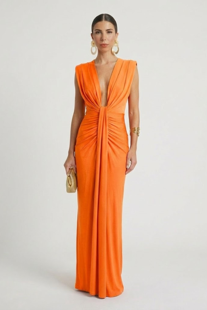 Women's Formal Dress | Deep V-Neck Maxi Sleeveless Pleated