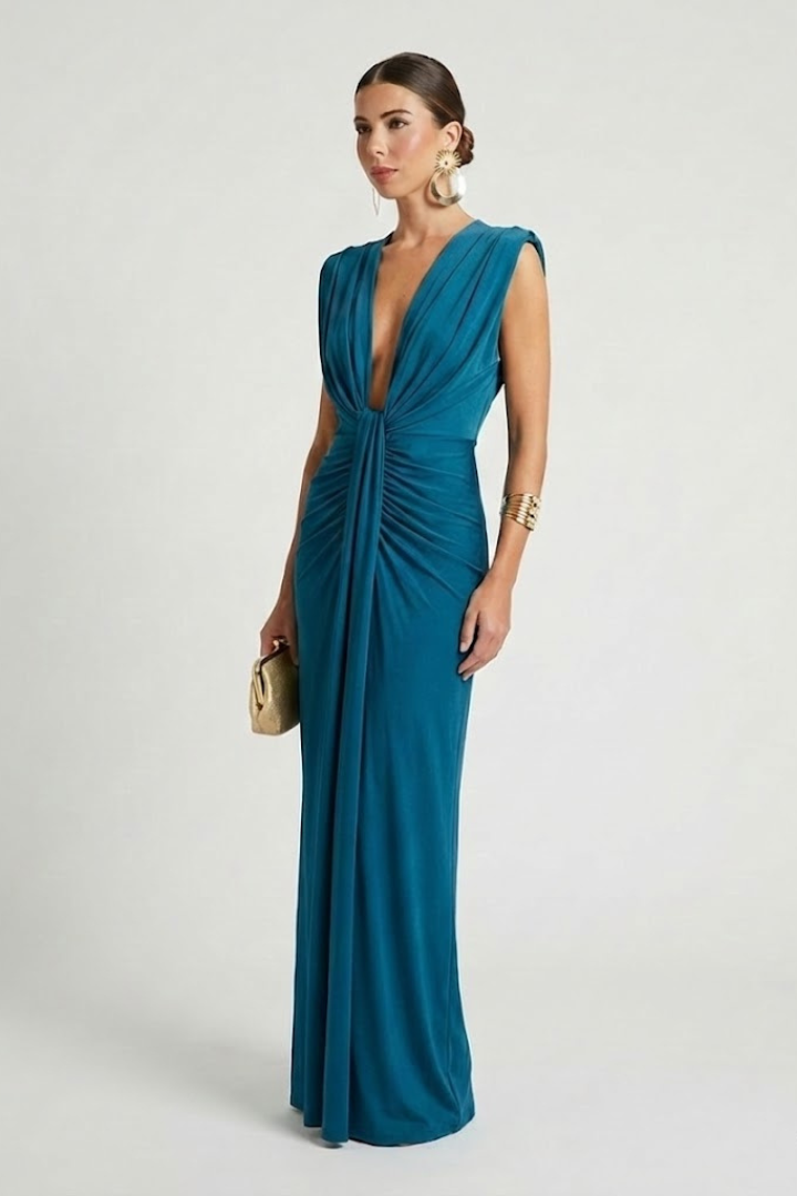 Women's Formal Dress | Deep V-Neck Maxi Sleeveless Pleated