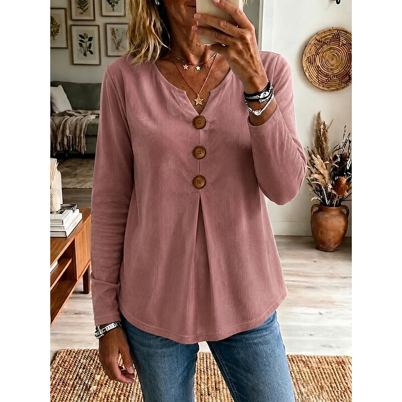 Women's Going Out Top | V-Neck Button Long Sleeve